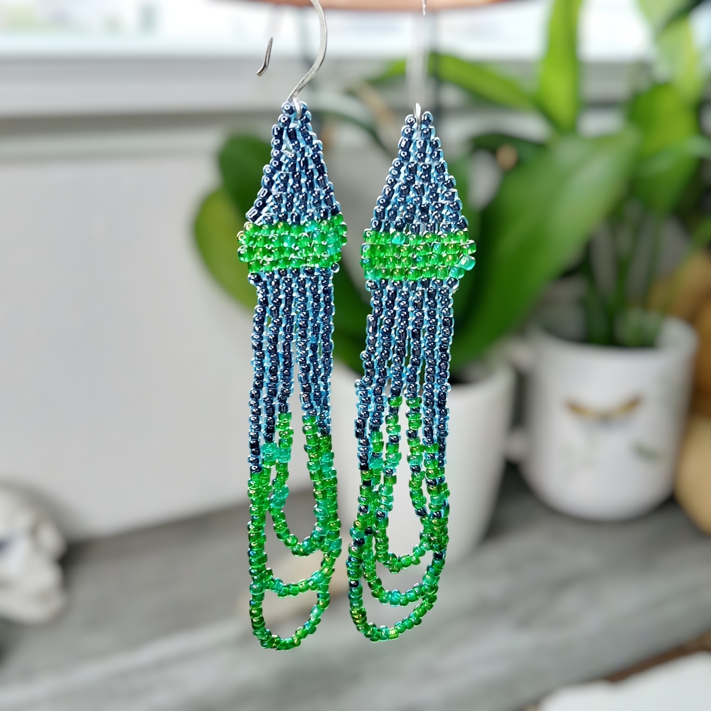 Artisan Vibrant Green and Blue Beaded Earrings